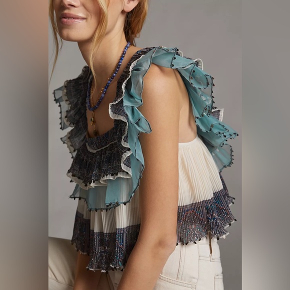 Anthropologie Tops - Anthropologie Let Me Be Camilla Blue Cream Ruffled Blouse